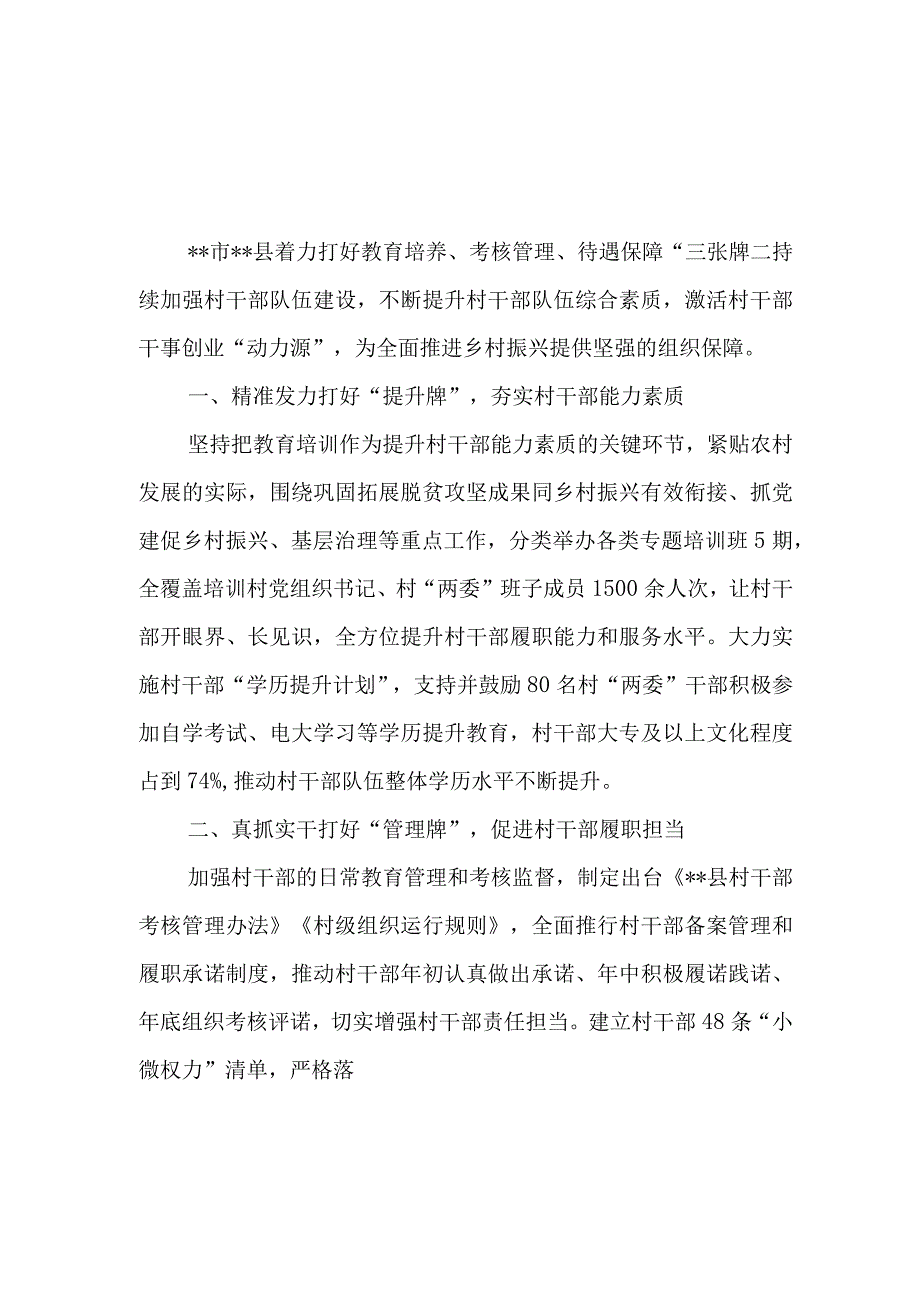 2023某县村干部队伍建设能力素质提升日常管理经验交流材料4篇.docx_第2页