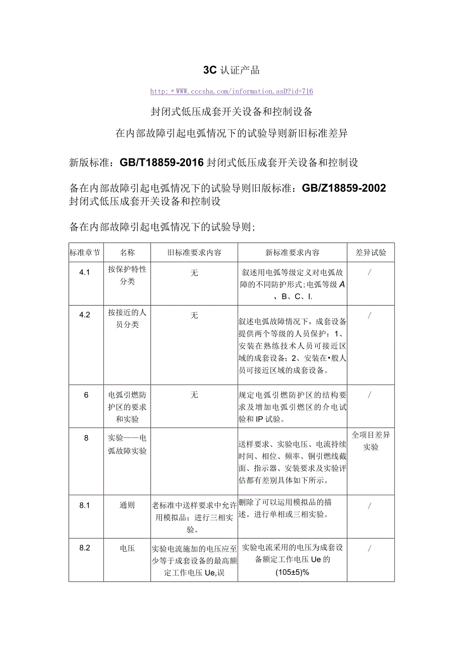 3C认证产品封闭式低压成套开关设备和控制设备在内部故障引起电弧情况下的试验导则新旧标准差异.docx_第1页