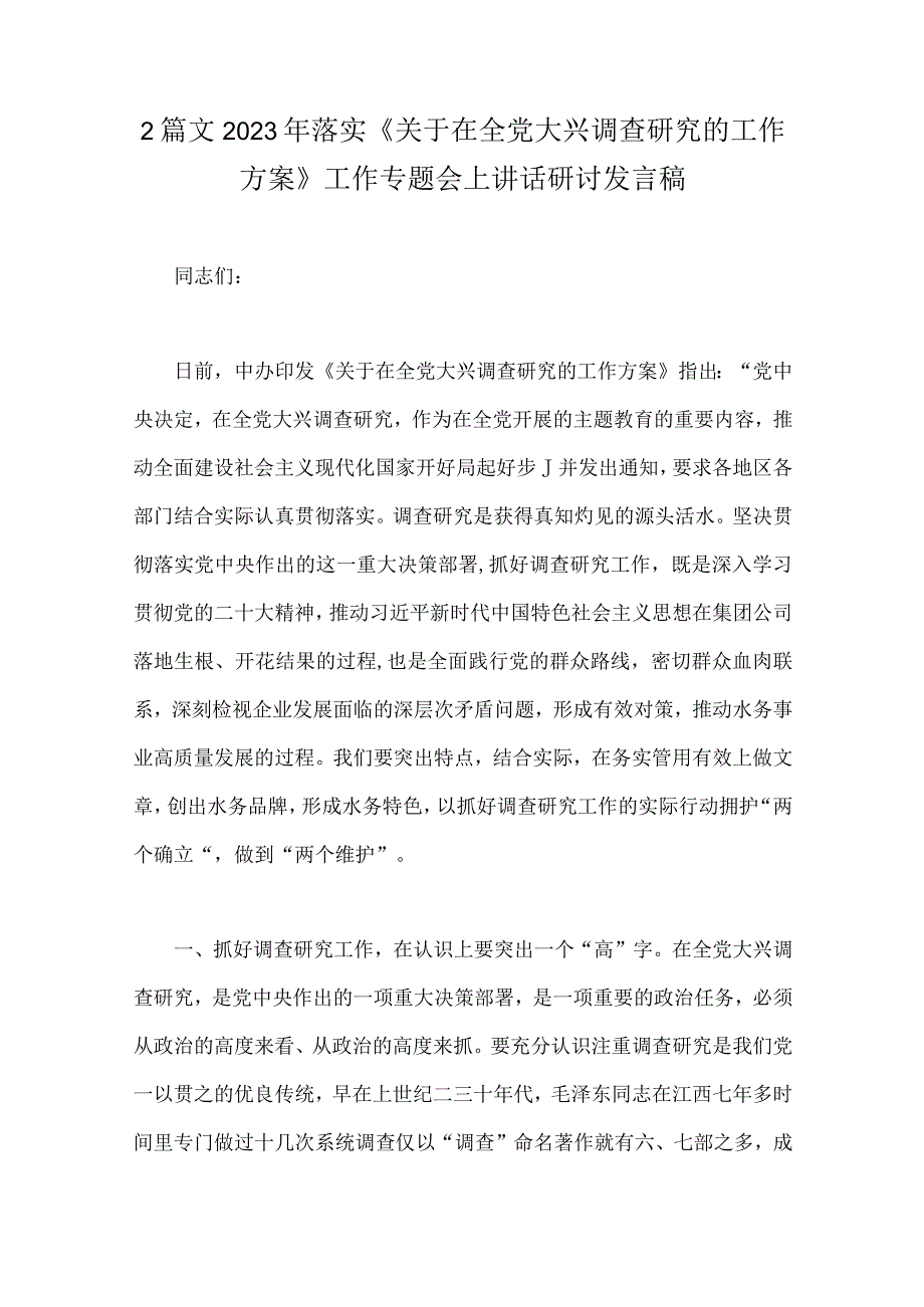 2篇文2023年落实关于在全党大兴调查研究的工作方案工作专题会上讲话研讨发言稿.docx_第1页