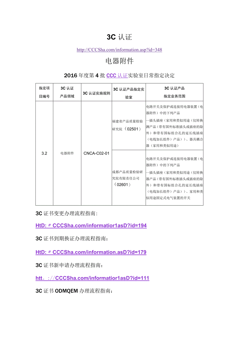 3C认证电器附件2016年度第4批CCC认证实验室日常指定决定.docx_第1页