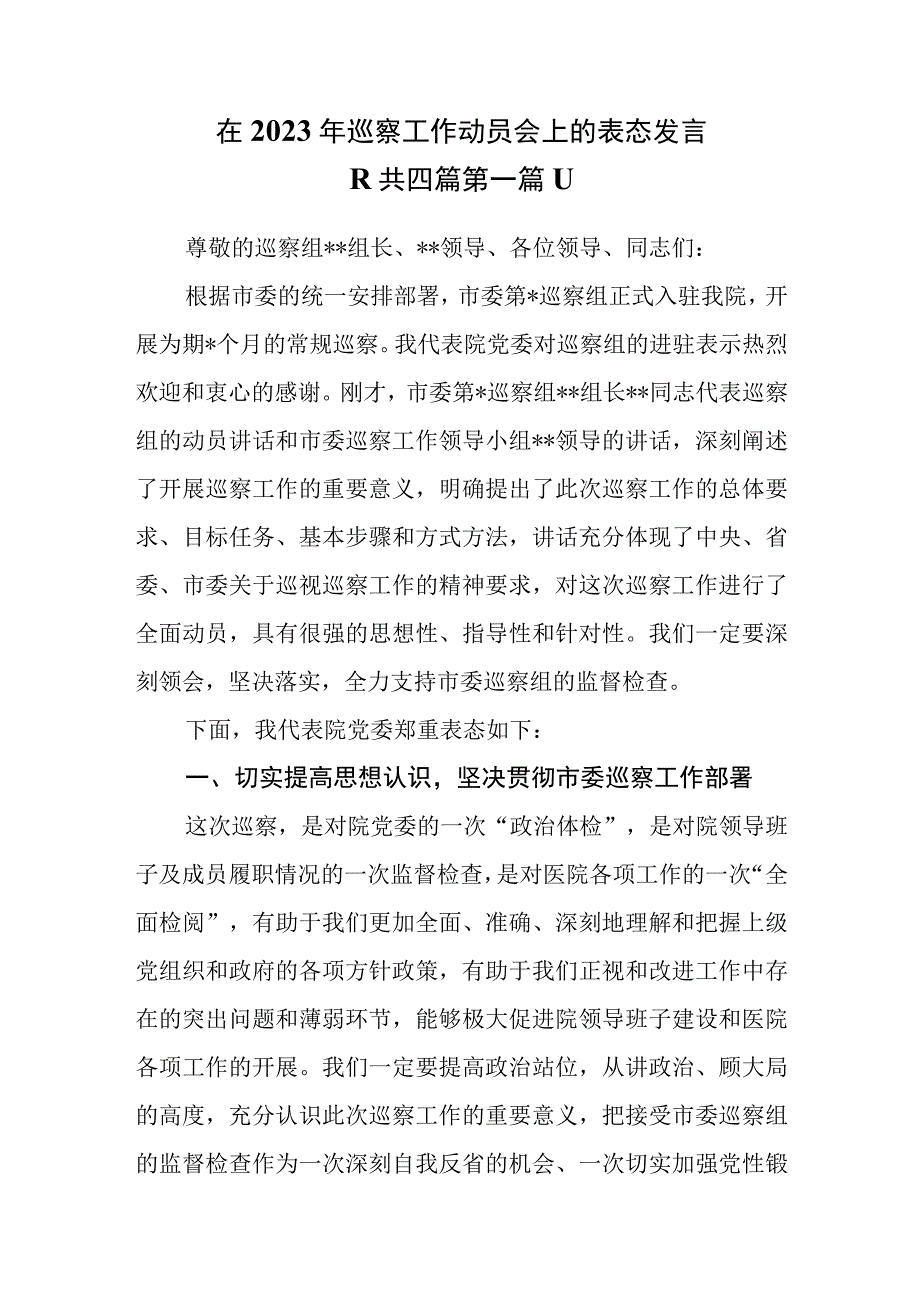 4篇在2023年巡察工作动员会上的表态发言.docx_第1页