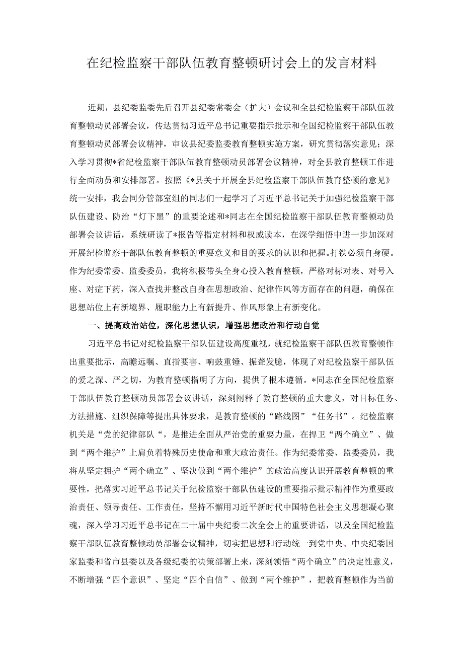 2篇2023年在纪检监察干部队伍教育整顿研讨会上的发言材料.docx_第1页