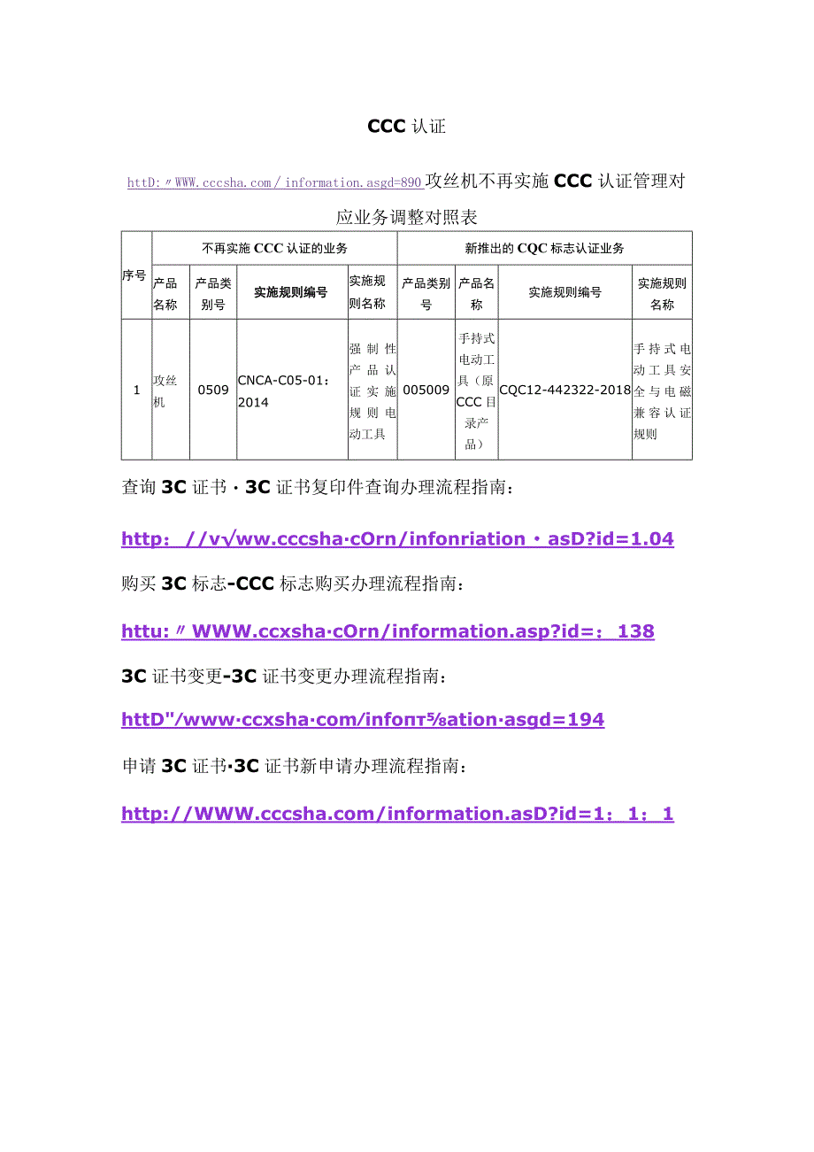 CCC认证攻丝机不再实施CCC认证管理对应业务调整对照表.docx_第1页