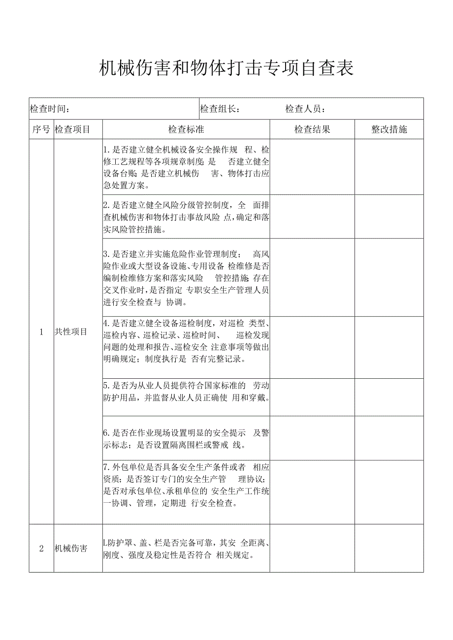 机械伤害和物体打击专项自查表.docx_第1页