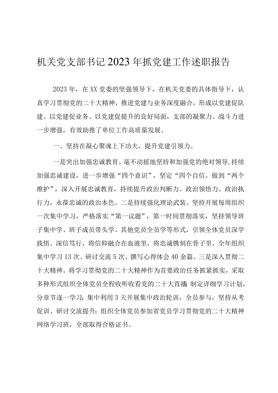 机关党支部书记2023年抓党建工作述职报告.docx_第1页