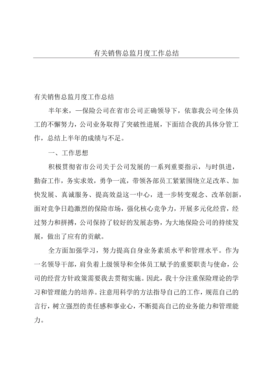 有关销售总监月度工作总结.docx_第1页