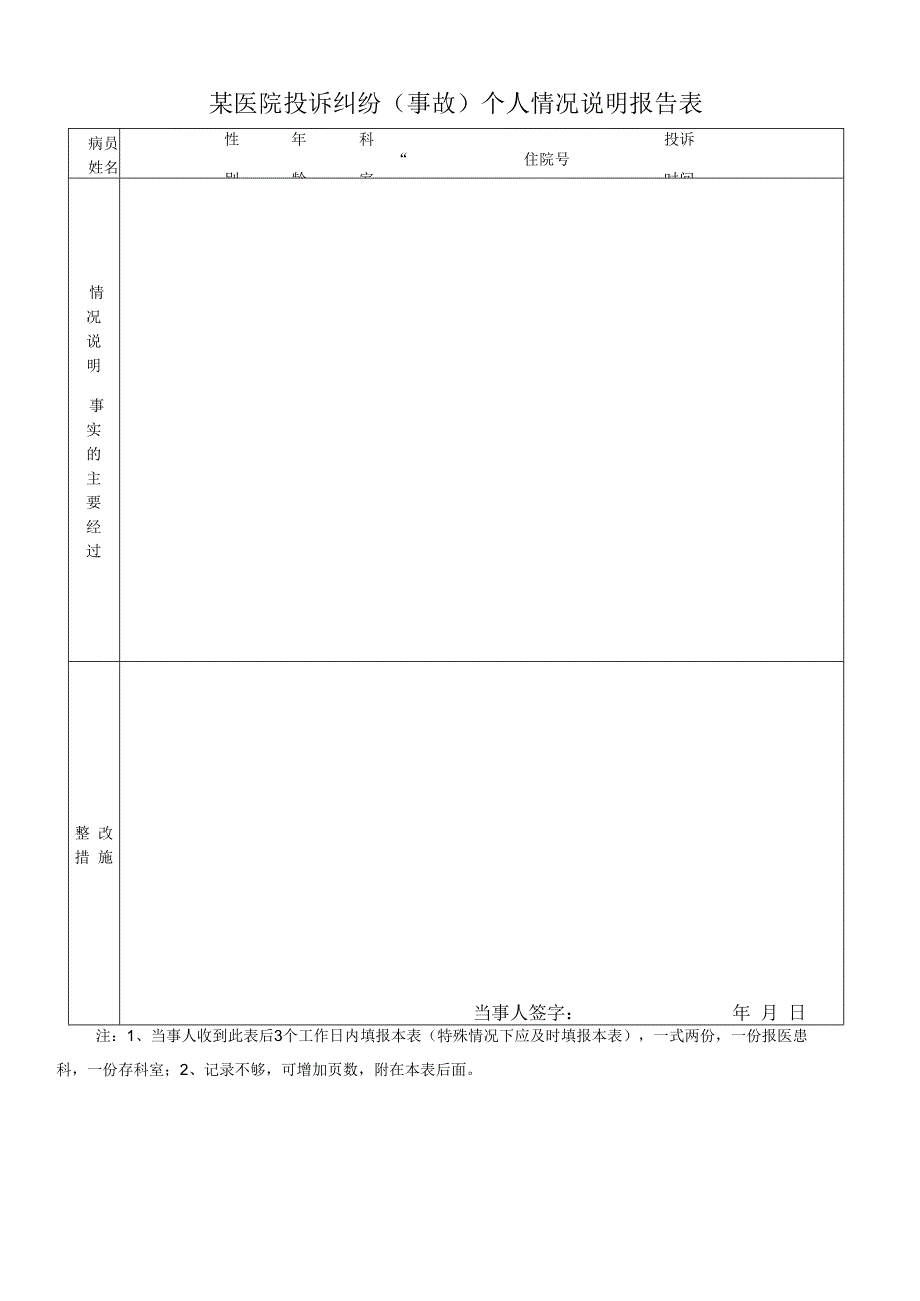 某医院投诉纠纷事故个人情况说明报告表模板.docx_第1页