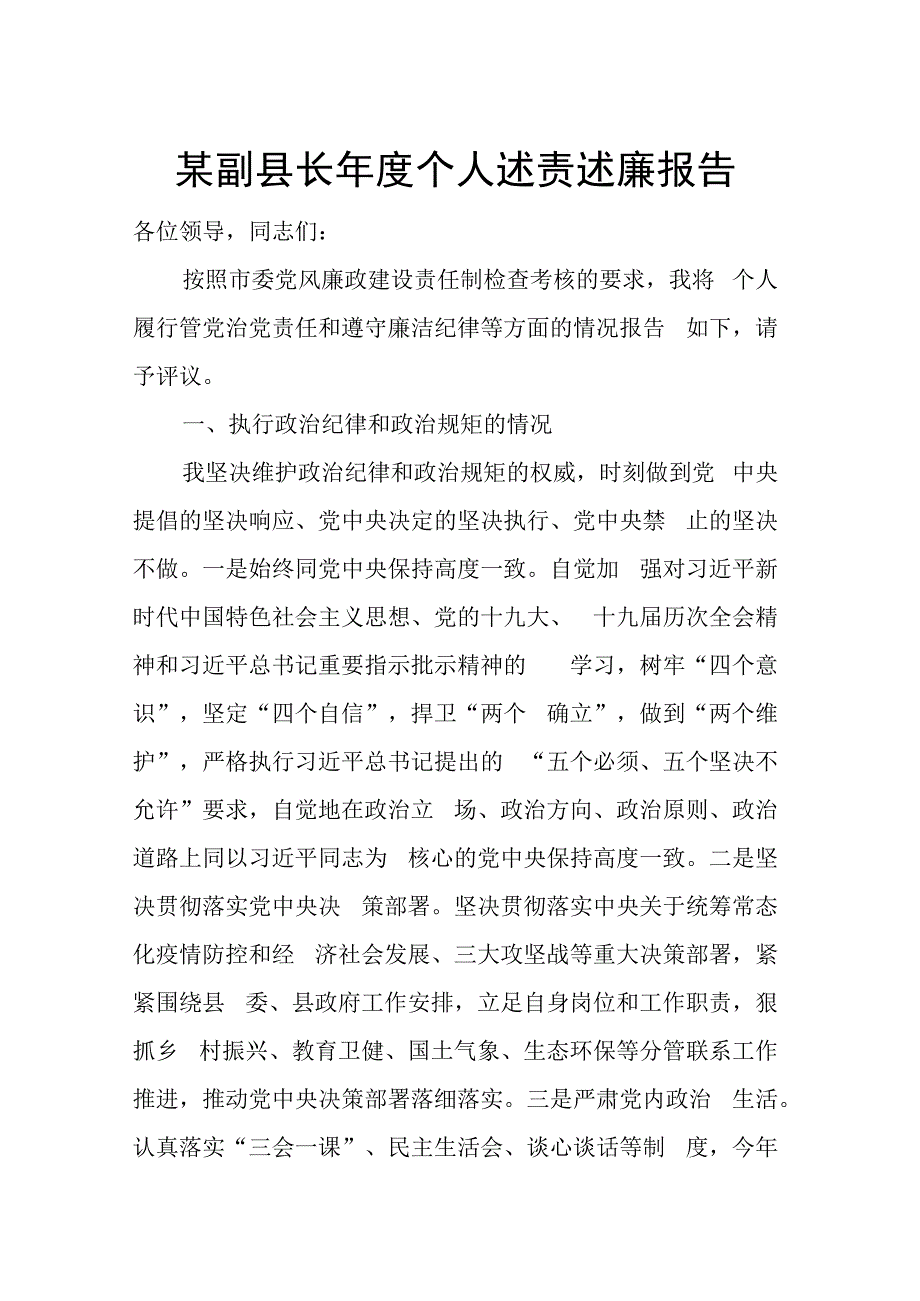 某副县长年度个人述责述廉报告.docx_第1页