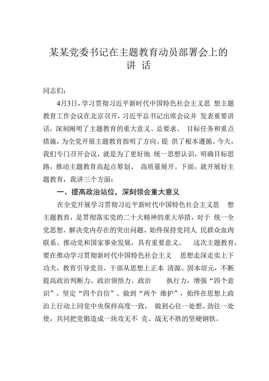 某某党委书记在主题教育动员部署会上的讲话.docx_第1页