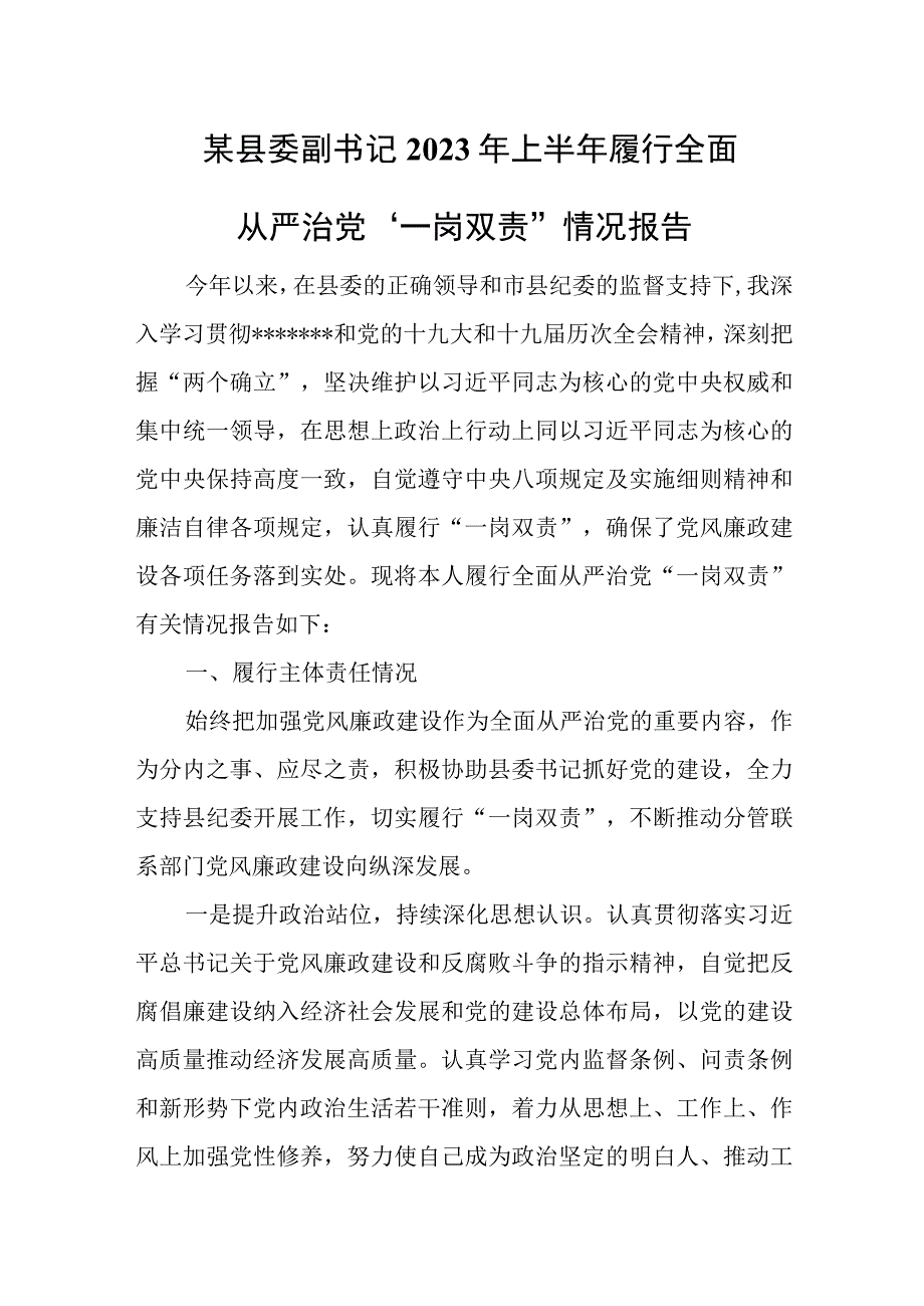 某县委副书记2023年上半年履行全面从严治党一岗双责情况报告.docx_第1页