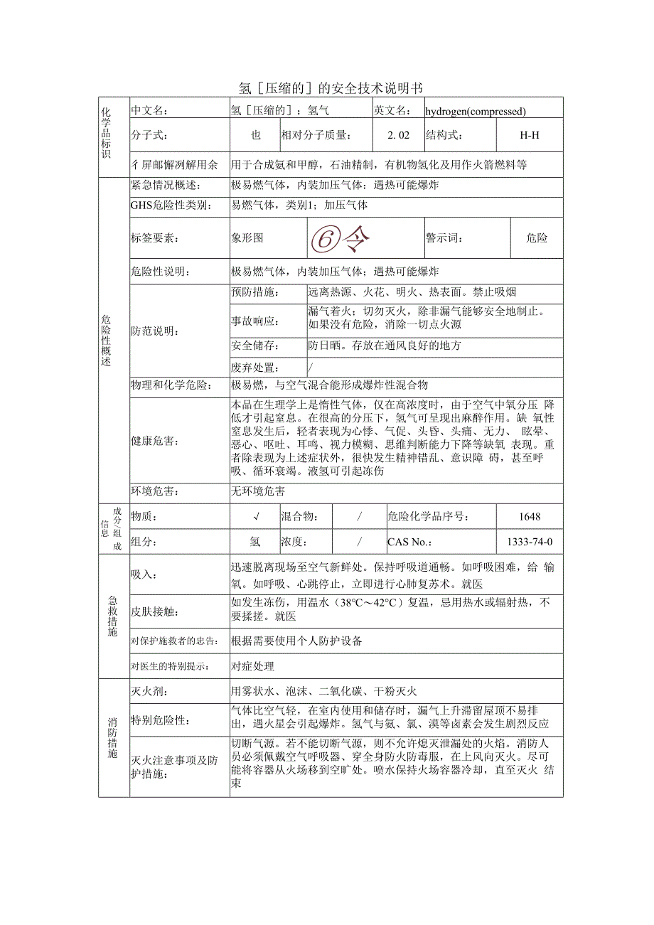 氢的安全技术说明书.docx_第1页