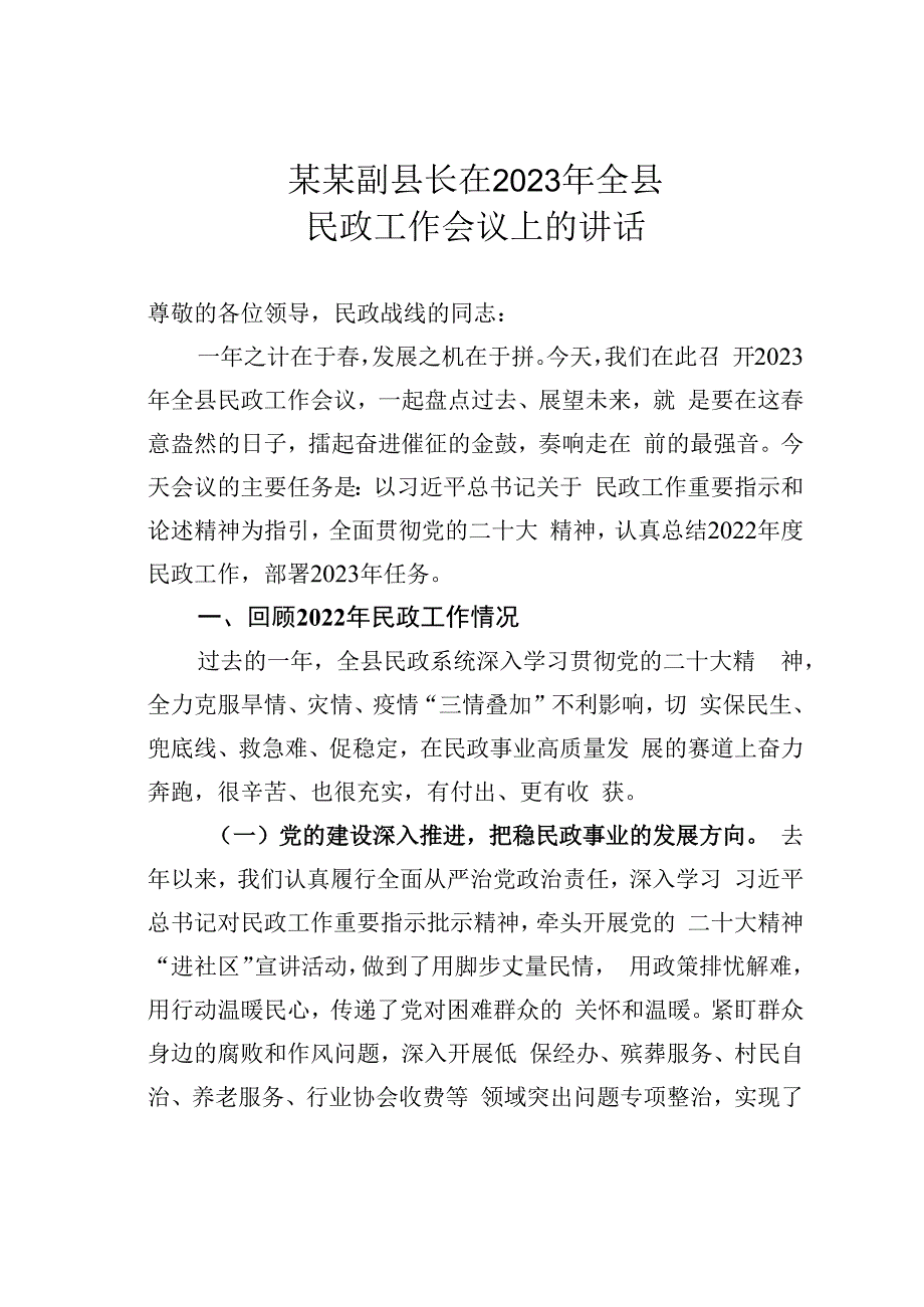 某某副县长在2023年全县民政工作会议上的讲话.docx_第1页