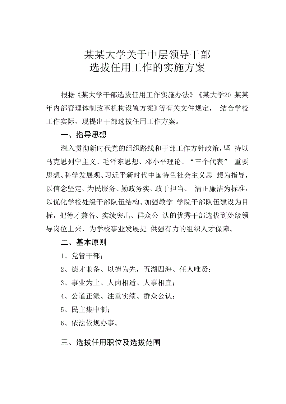 某某大学关于中层领导干部选拔任用工作的实施方案.docx_第1页