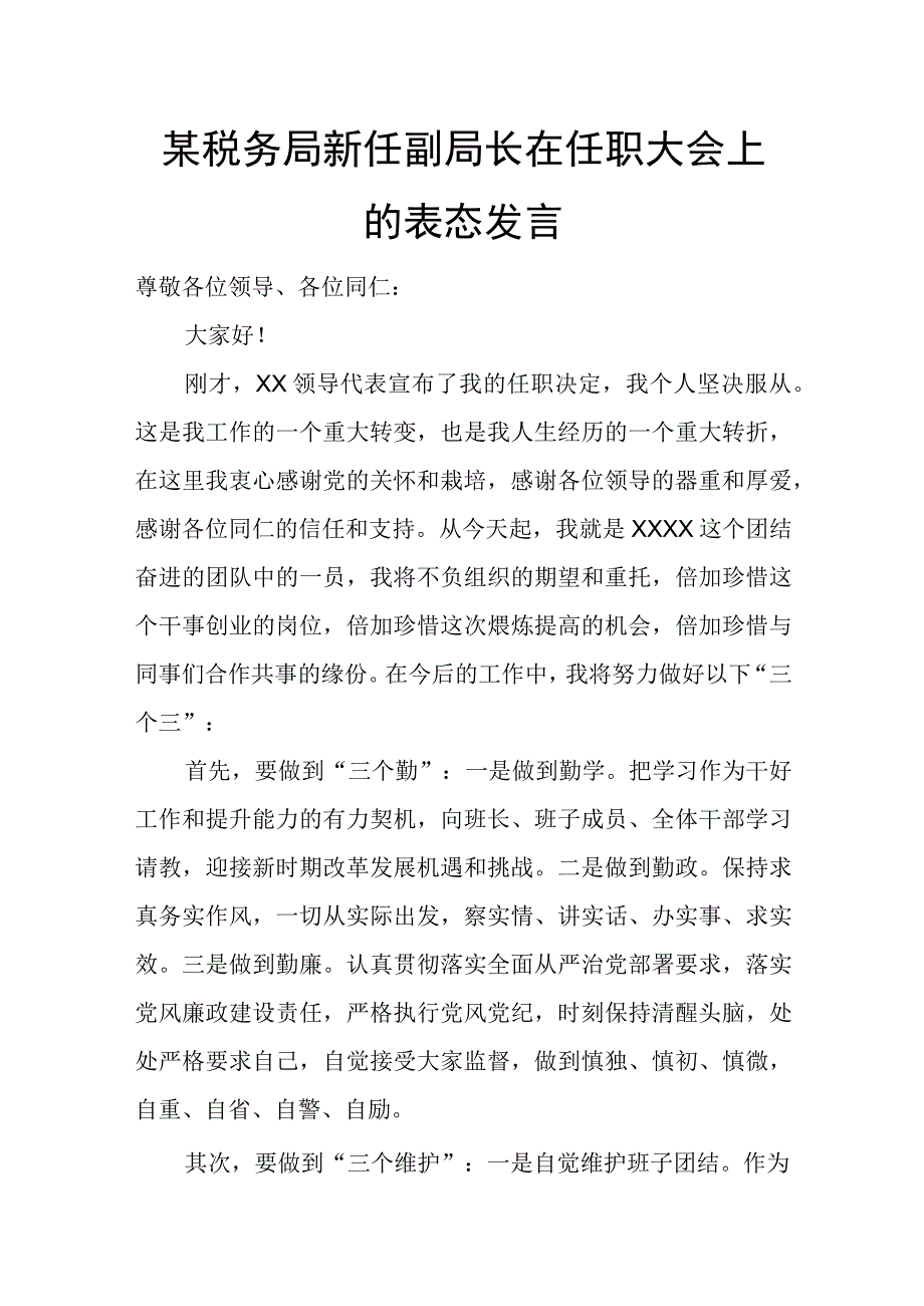 某税务局新任副局长在任职大会上的表态发言.docx_第1页