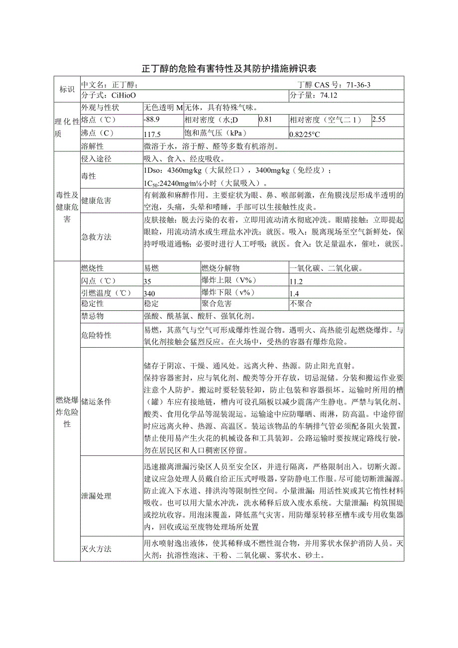 正丁醇的危险有害特性及其防护措施辨识表.docx_第1页