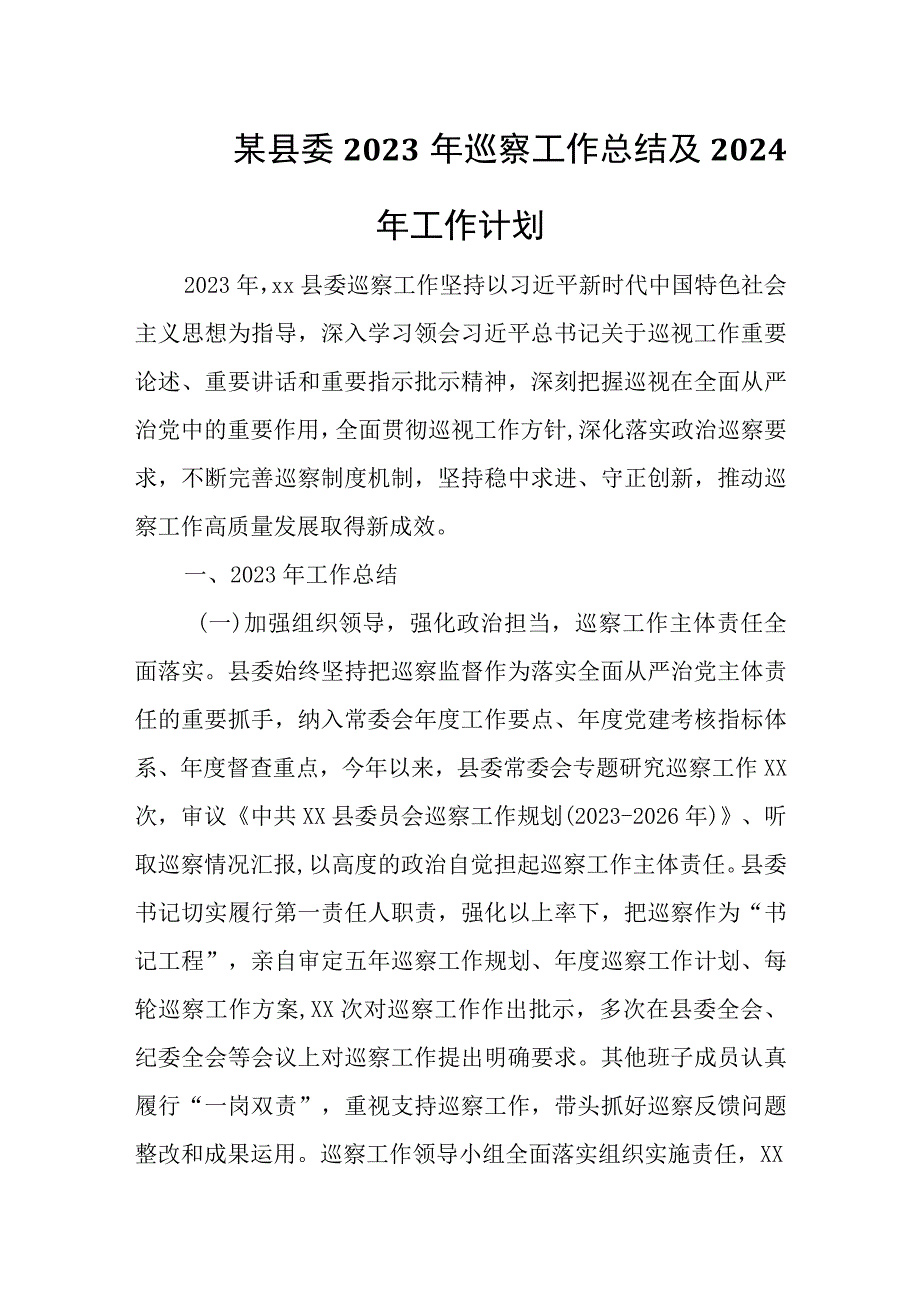 某县委2023年巡察工作总结及2024年工作计划.docx_第1页