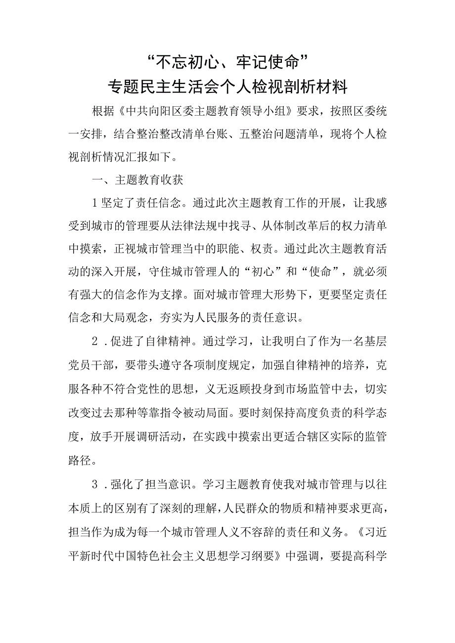 民主生活会个人检视剖析材料.docx_第1页