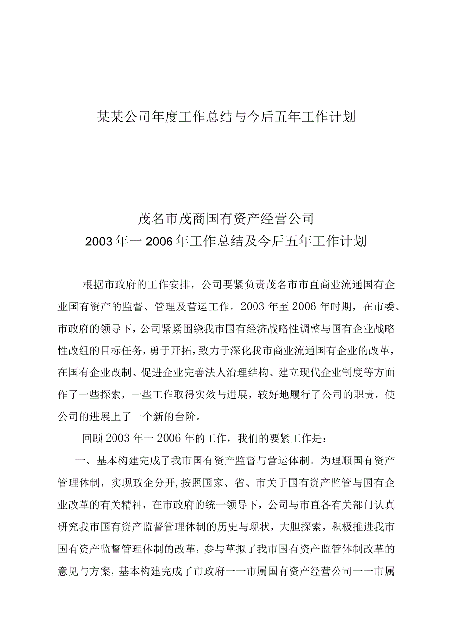 某某公司年度工作总结与今后五年工作计划.docx_第1页