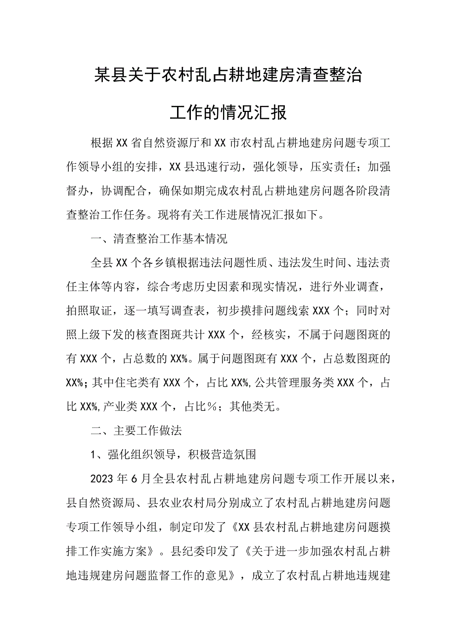 某县关于农村乱占耕地建房清查整治工作的情况汇报.docx_第1页