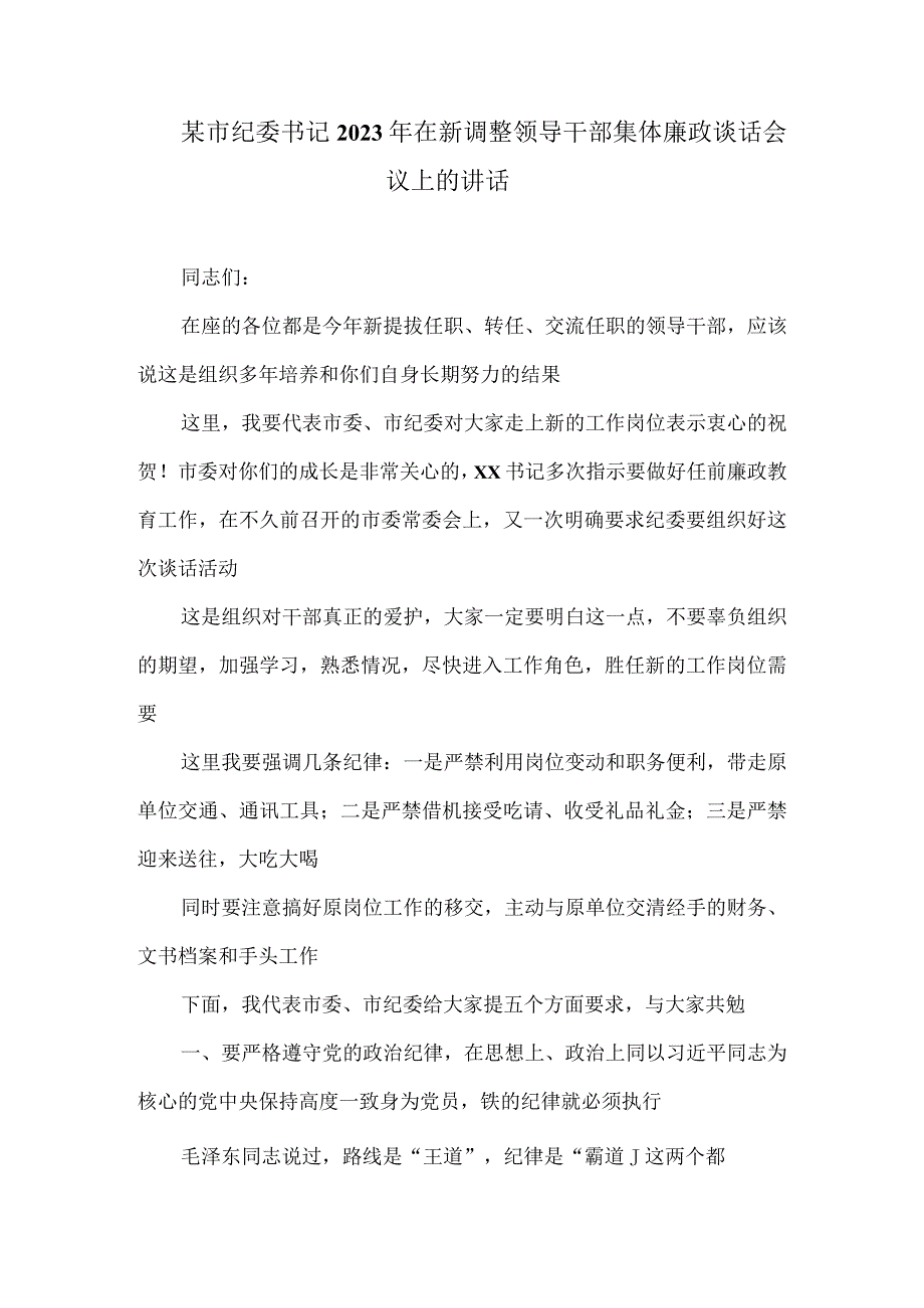 某市纪委书记2023年在新调整领导干部集体廉政谈话会议上的讲话.docx_第1页