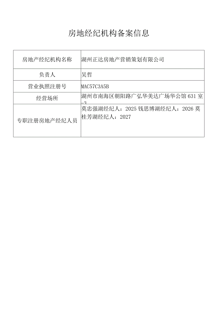 湖州正达房地产营销策划有限公司房地经纪机构备案信息.docx_第1页