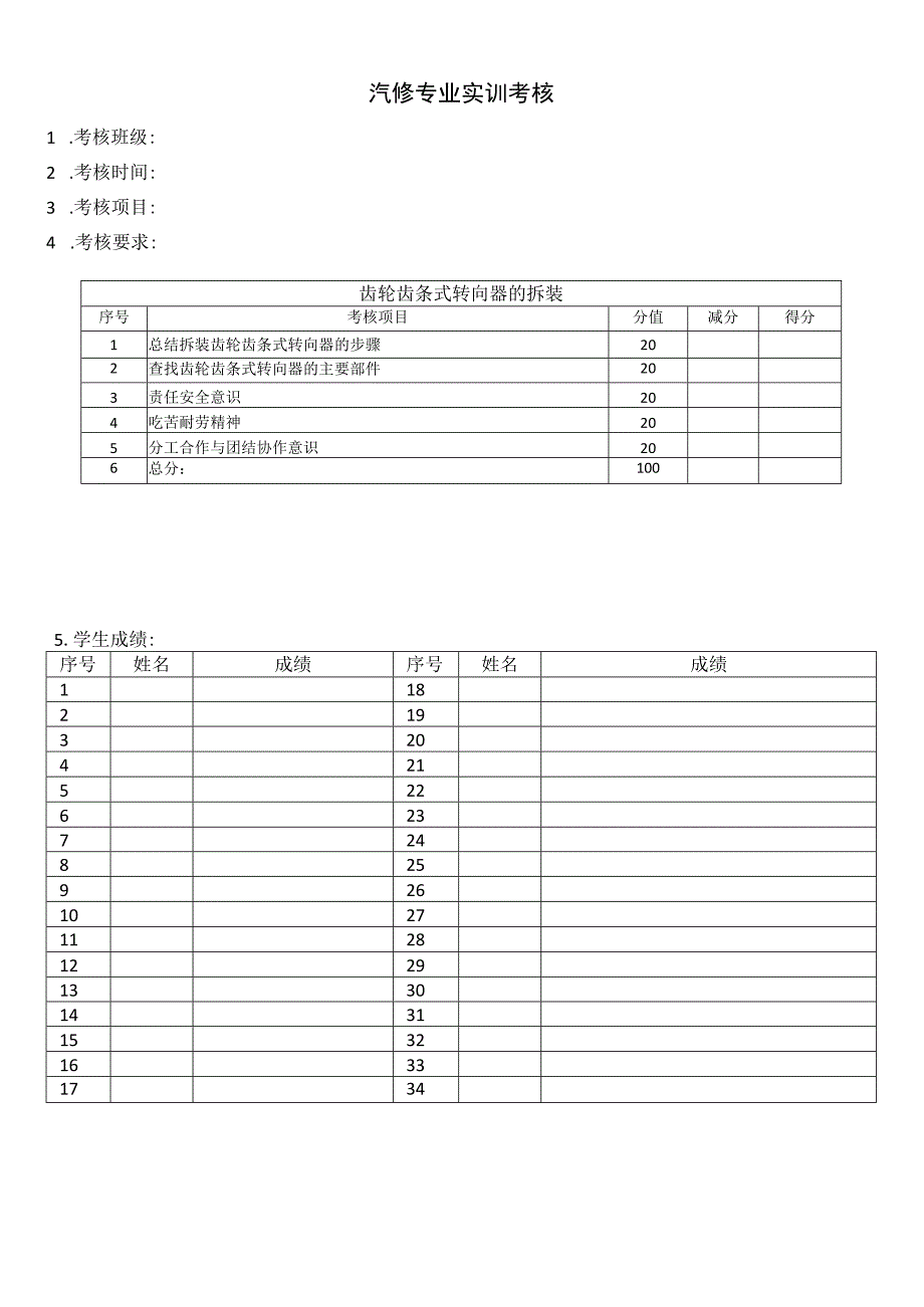 汽车底盘构造与维修实训考核齿轮齿条式转向器的拆装.docx_第1页