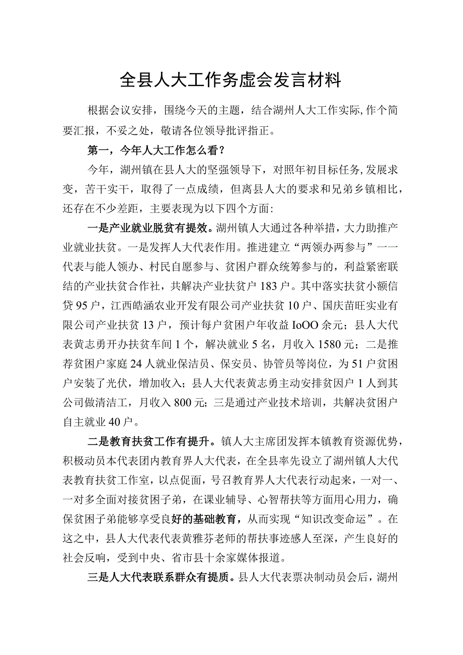 湖州镇人大务虚会发言材料.docx_第1页