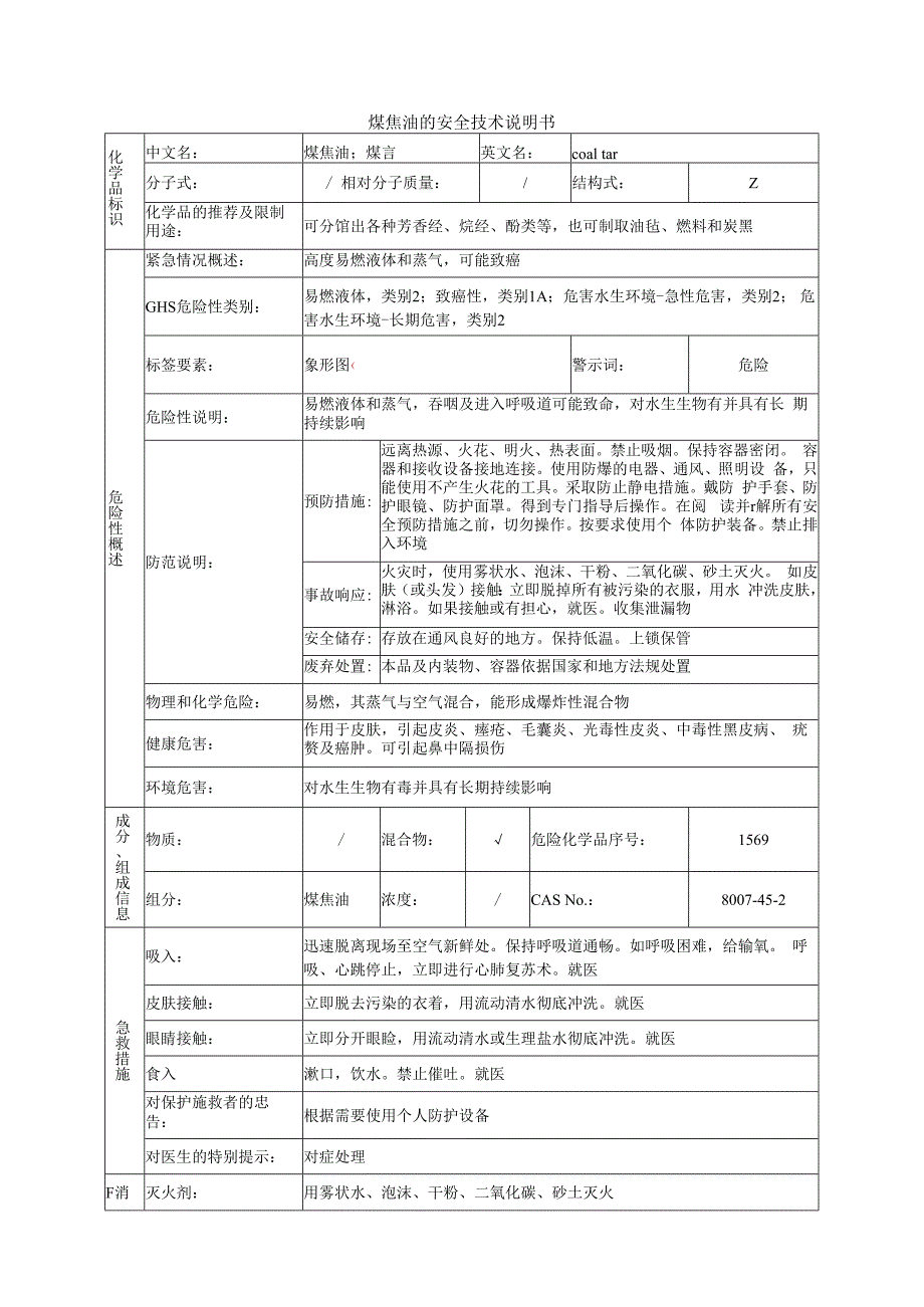 煤焦油的安全技术说明书.docx_第1页