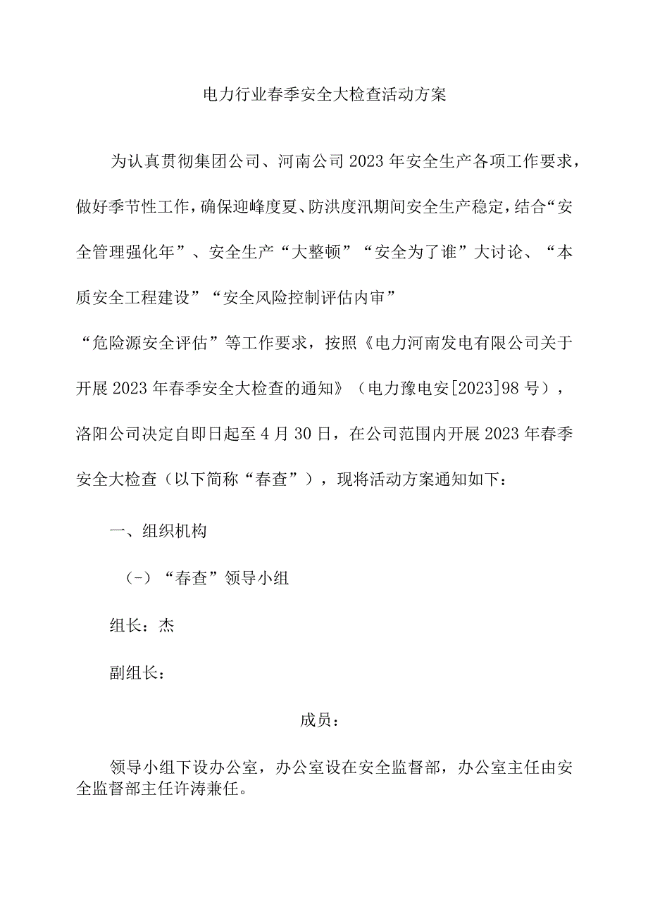 电力行业春季安全大检查活动方案.docx_第1页