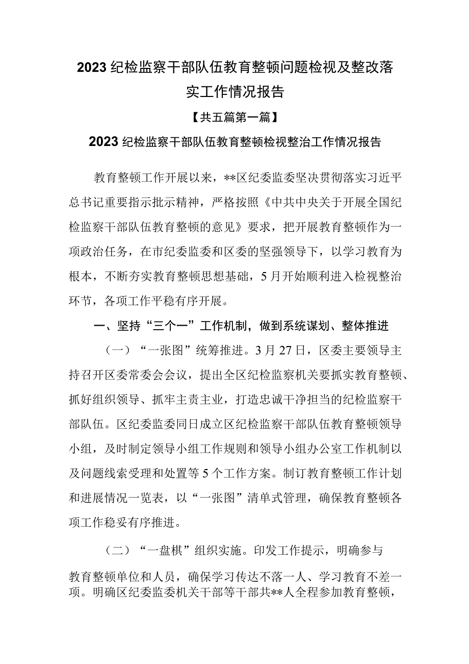 5篇2023纪检监察干部队伍教育整顿问题检视及整改落实工作情况报告.docx_第1页