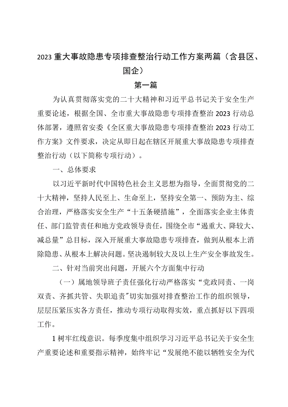 2023重大事故隐患专项排查整治行动工作方案两篇含县区国企.docx_第1页