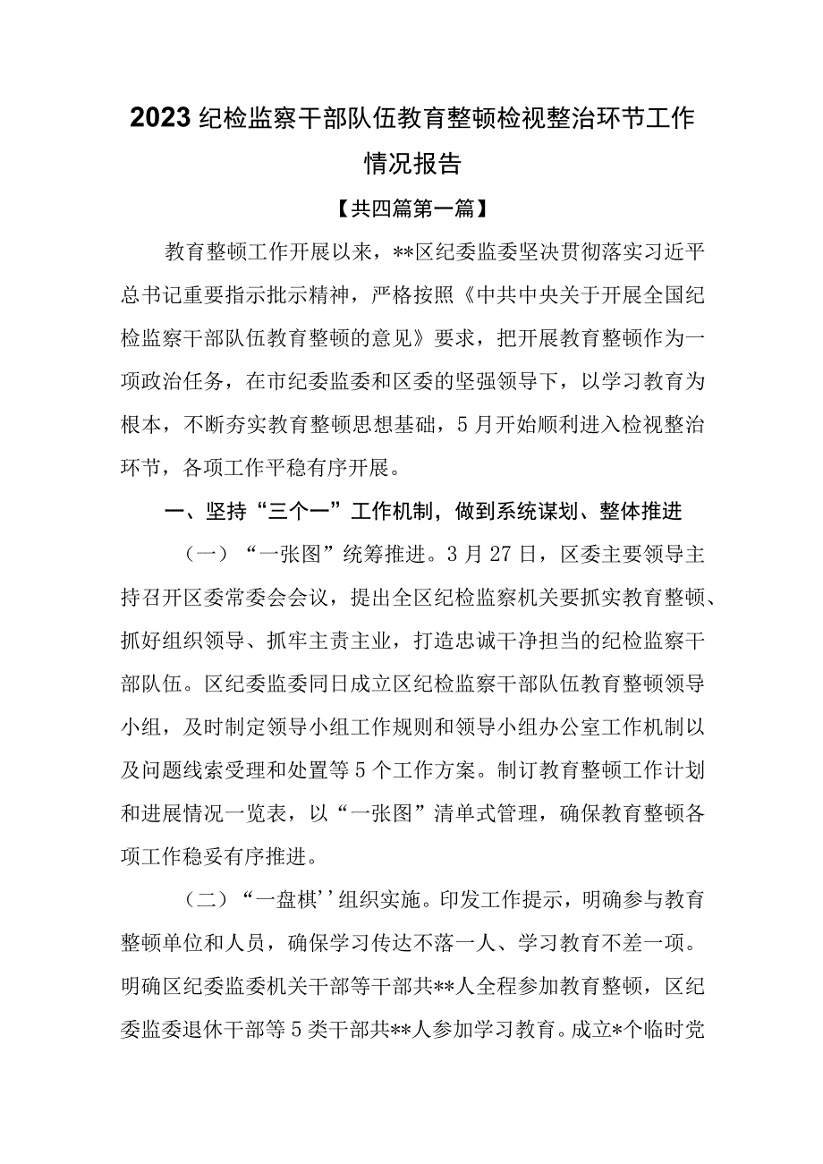 4篇2023纪检监察干部队伍教育整顿检视整治环节工作情况报告.docx_第1页