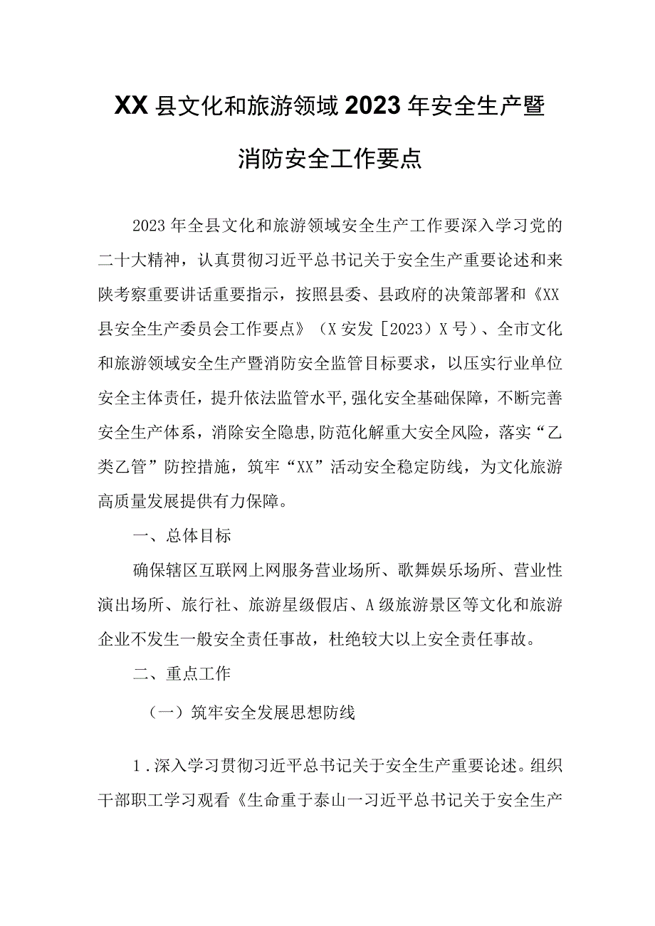 XX县文化和旅游领域2023年安全生产暨消防安全工作要点.docx_第1页