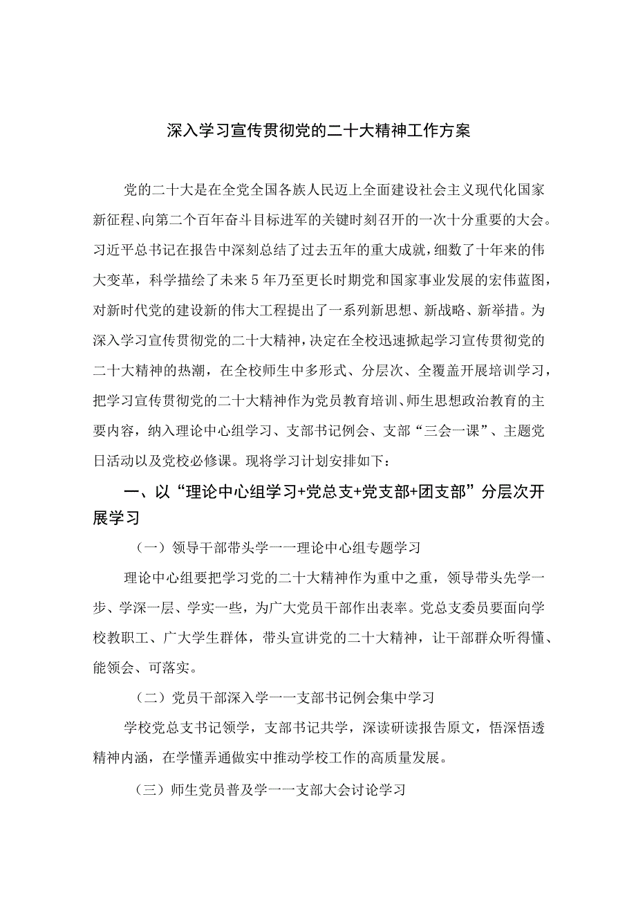 2023深入学习宣传贯彻党的二十大精神工作方案精选六篇.docx_第1页