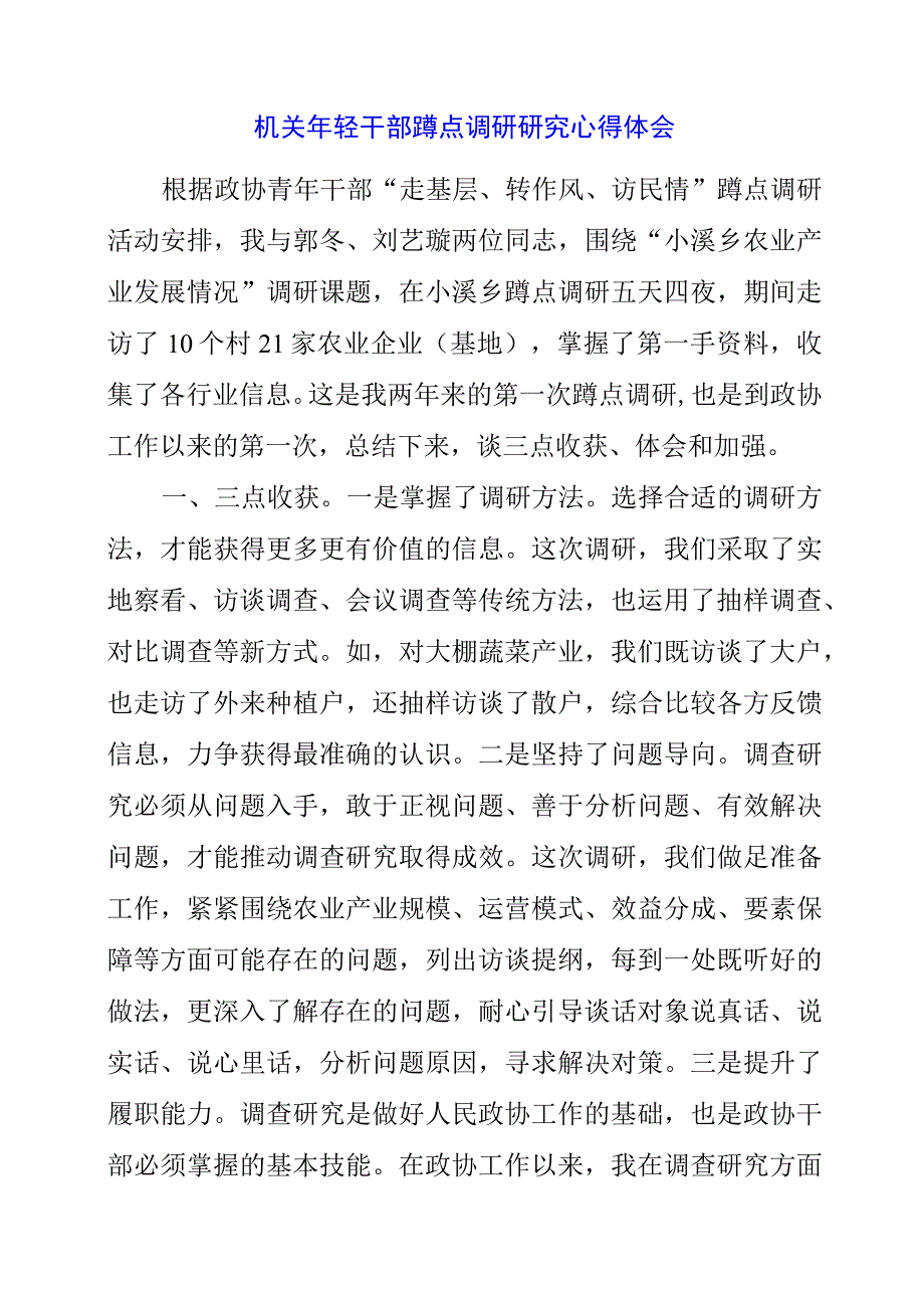 2023年机关年轻干部蹲点调研研究心得体会.docx_第1页