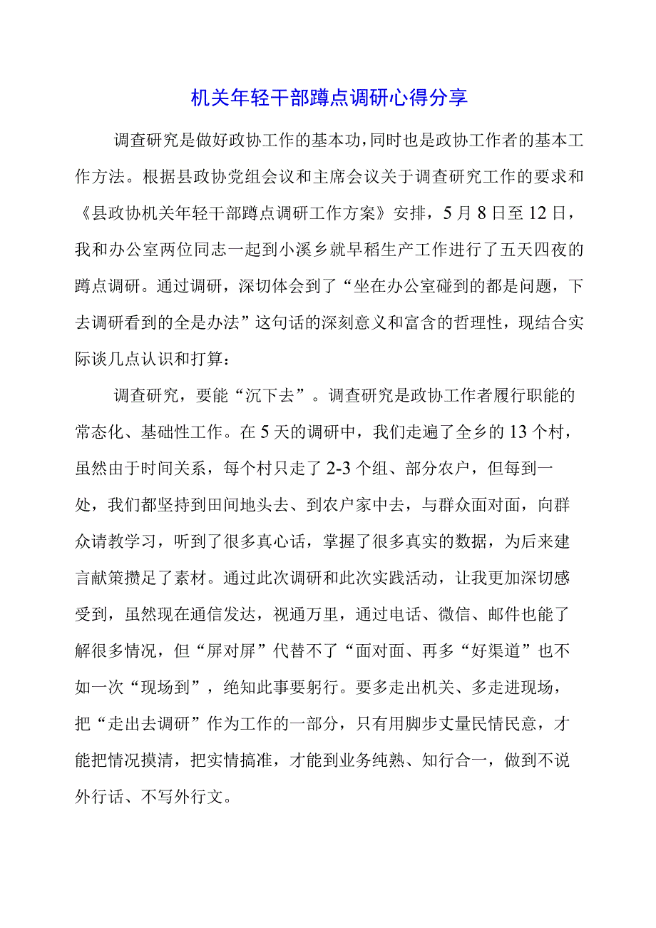 2023年机关年轻干部蹲点调研研究心得分享.docx_第1页