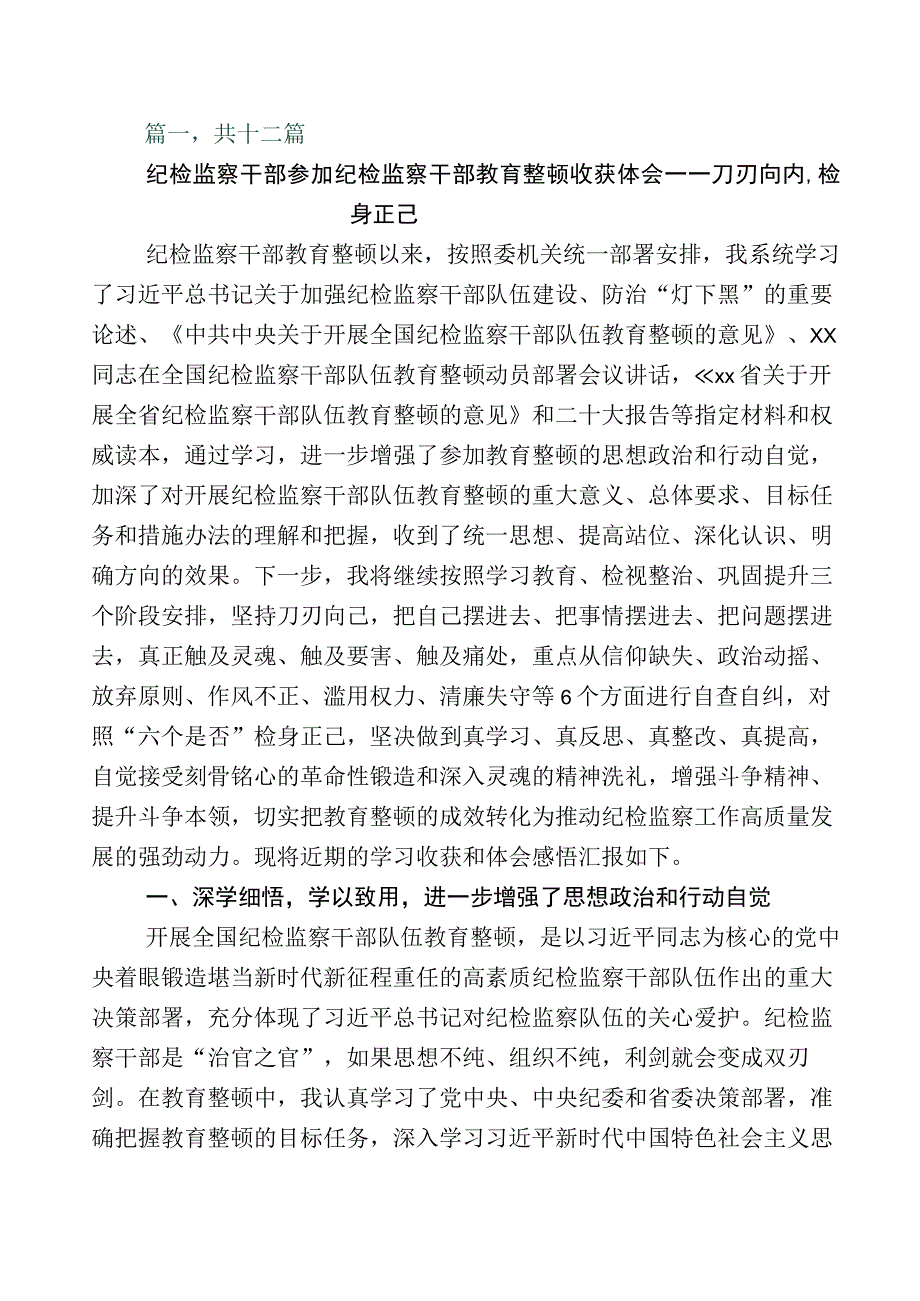 2023年某纪检监察干部关于开展纪检监察干部队伍教育整顿的发言材料12篇含多篇工作汇报和实施方案.docx_第1页