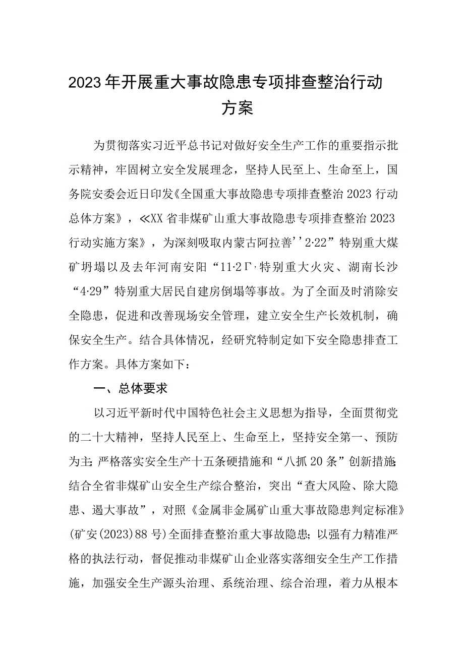 2023年开展重大事故隐患专项排查整治行动方案精选5篇.docx_第1页