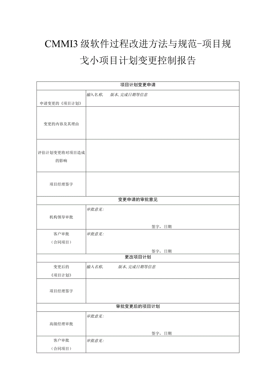 CMMI3级软件过程改进方法与规范项目规划项目计划变更控制报告.docx_第1页