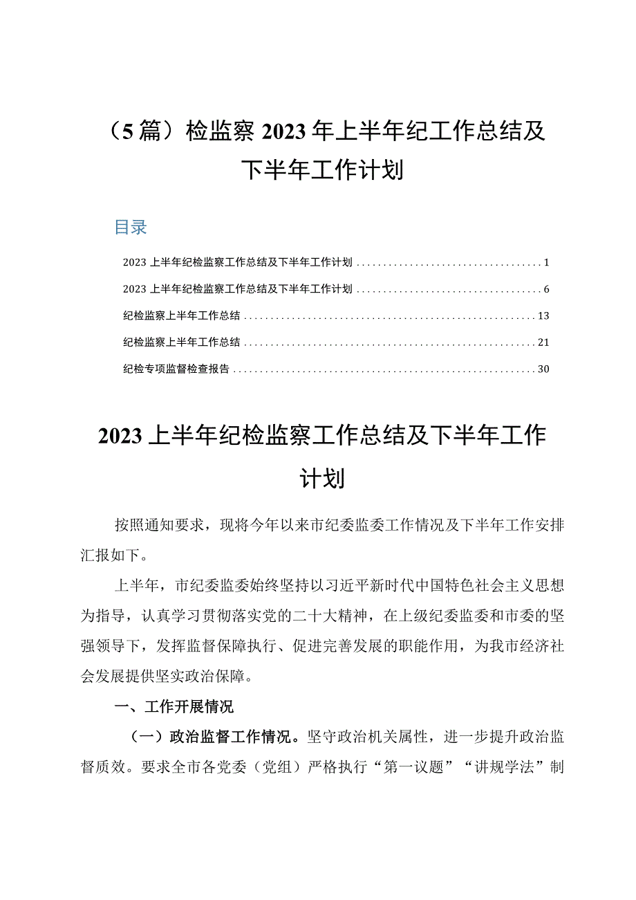 5篇检监察2023年上半年纪工作总结及下半年工作计划.docx_第1页