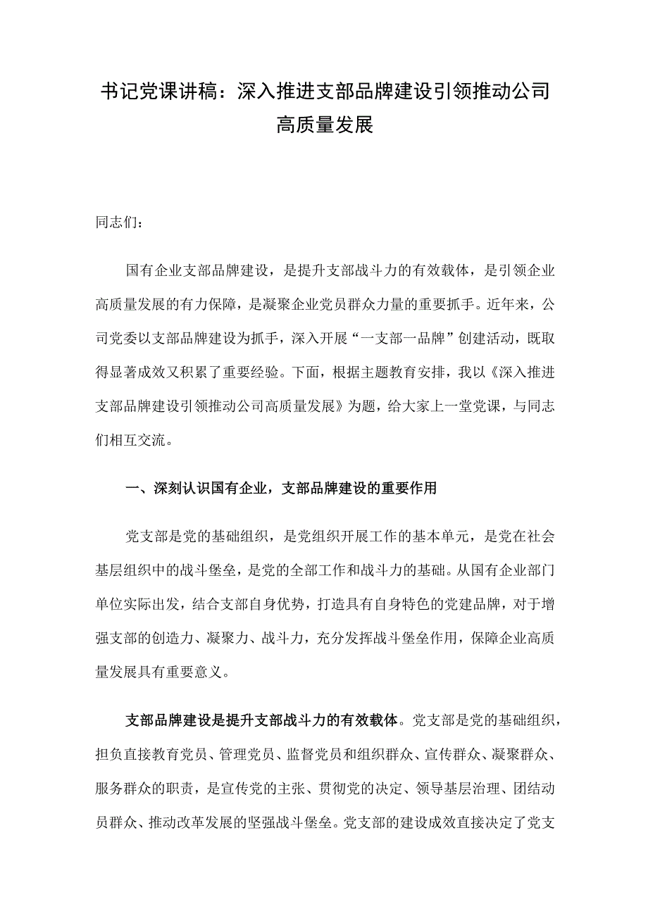 书记党课讲稿：深入推进支部品牌建设 引领推动公司高质量发展.docx_第1页