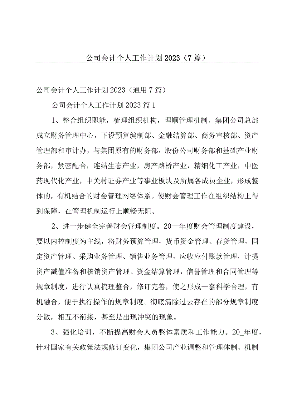 公司会计个人工作计划20237篇.docx_第1页