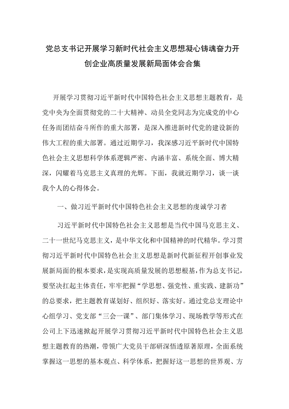 党总支书记开展学习新时代社会主义思想凝心铸魂奋力开创企业高质量发展新局面体会合集.docx_第1页