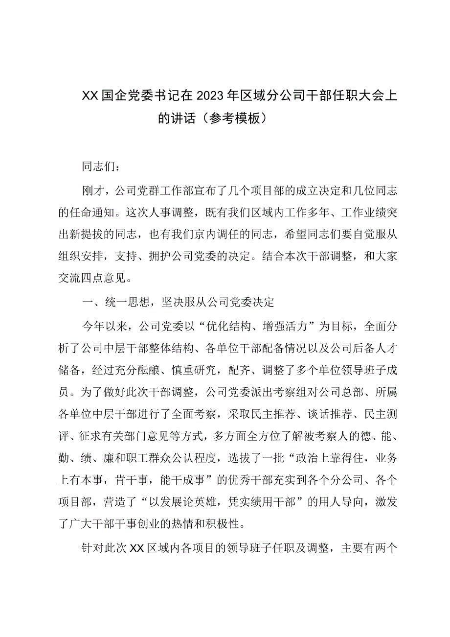 XX国企党委书记在2023年区域分公司干部任职大会上的讲话参考模板.docx_第1页