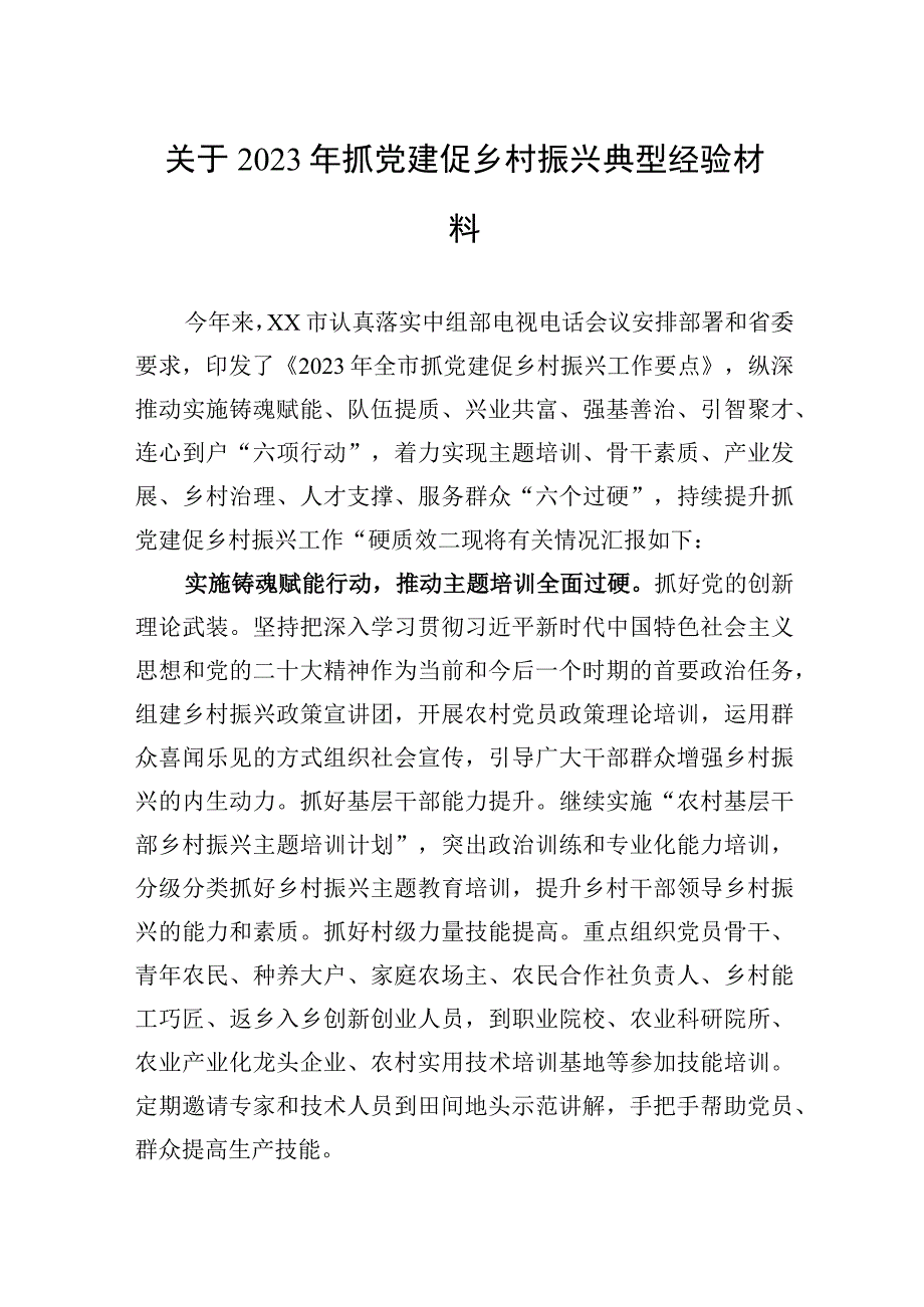 关于2023年抓党建促乡村振兴典型经验材料.docx_第1页