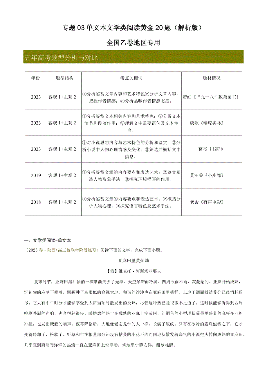 专题03 单文本文学类阅读精选20题全国乙卷区专用解析版公开课教案教学设计课件资料.docx_第1页