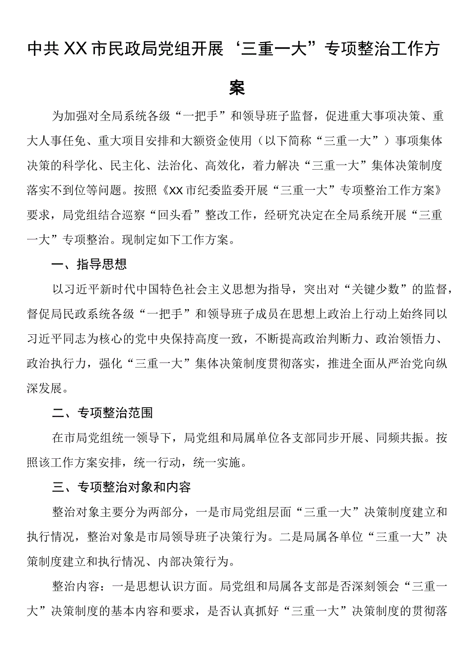 中共XX市民政局党组开展三重一大专项整治工作方案.docx_第1页