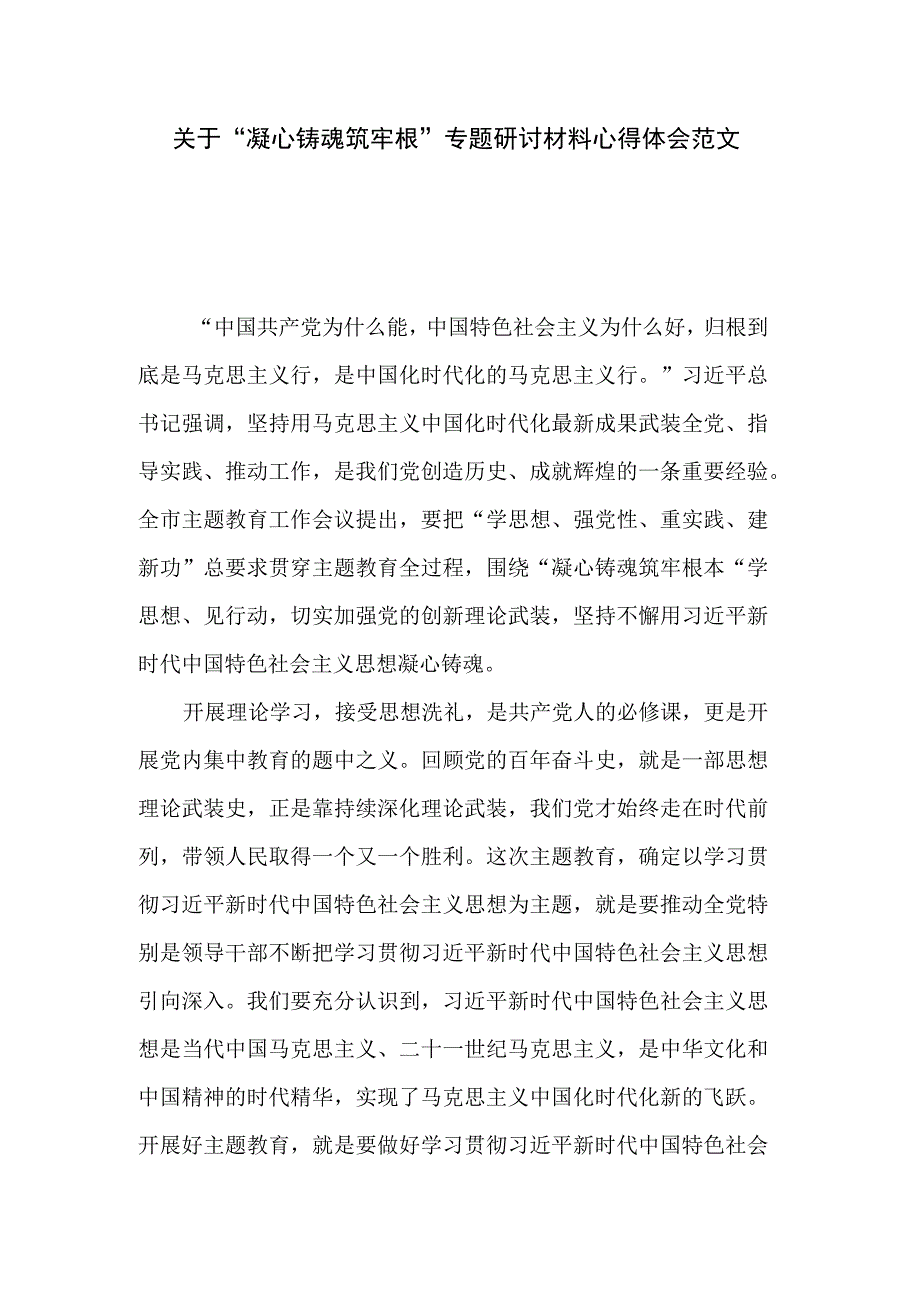 关于凝心铸魂筑牢根专题研讨材料心得体会范文.docx_第1页