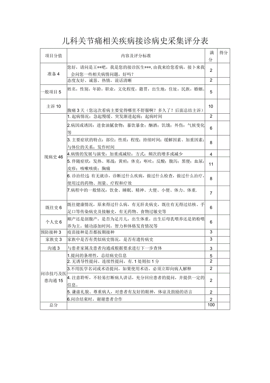 儿科关节痛相关疾病接诊病史采集评分表.docx_第1页