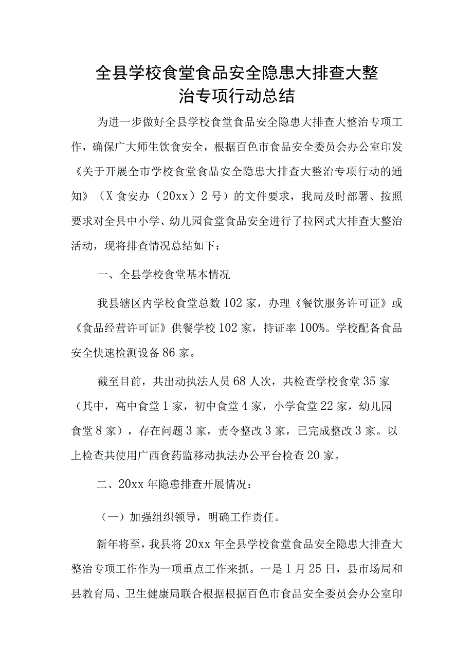 全县学校食堂食品安全隐患大排查大整治专项行动总结.docx_第1页